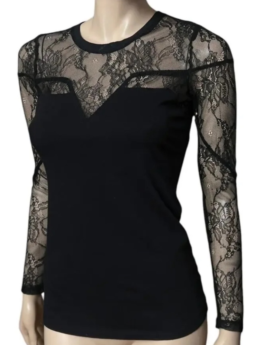 Maje Black Lace Illusion Long Sleeve Top/1/XS
